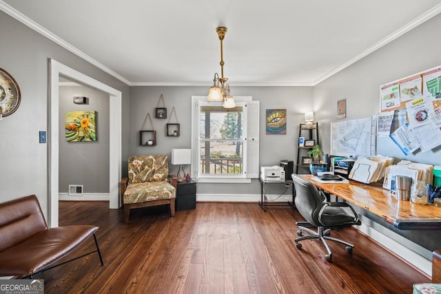 office area featuring ornamental molding and dark wood-type flooring