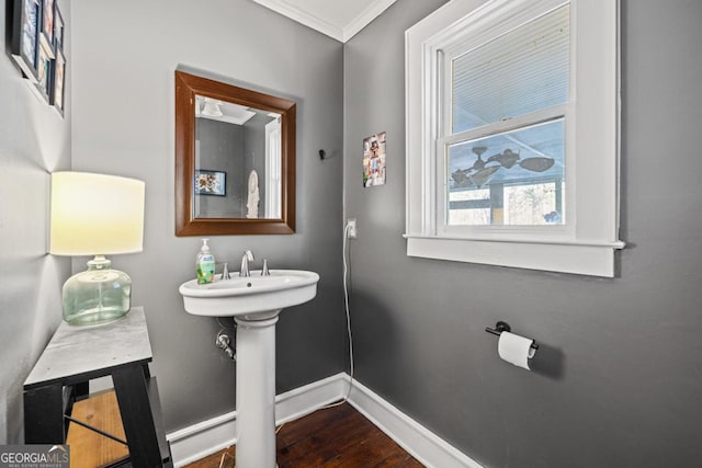 bathroom with hardwood / wood-style flooring and crown molding