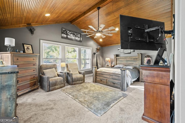 bedroom featuring carpet floors, lofted ceiling with beams, and wooden ceiling