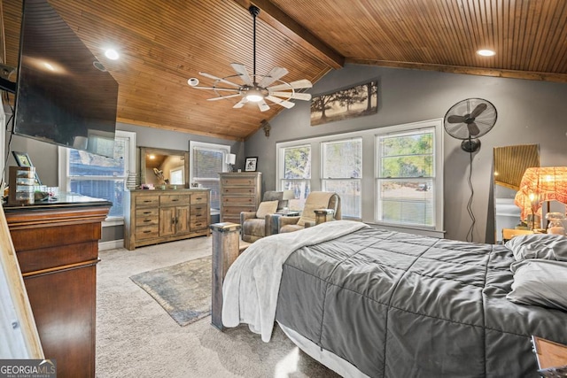 bedroom featuring light carpet, vaulted ceiling with beams, wood ceiling, and ceiling fan