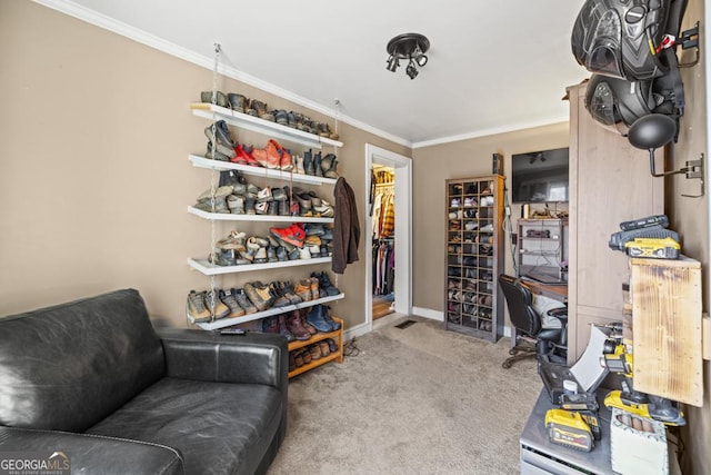 walk in closet featuring carpet flooring