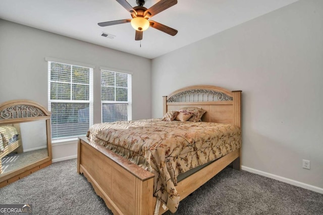 bedroom with ceiling fan and carpet flooring