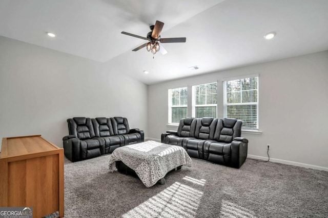 living room featuring ceiling fan and carpet flooring