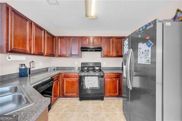 kitchen with sink, a textured ceiling, black appliances, and light tile patterned flooring