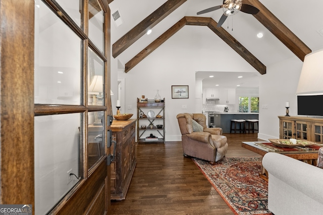 living room featuring high vaulted ceiling, beam ceiling, ceiling fan, and dark wood-type flooring