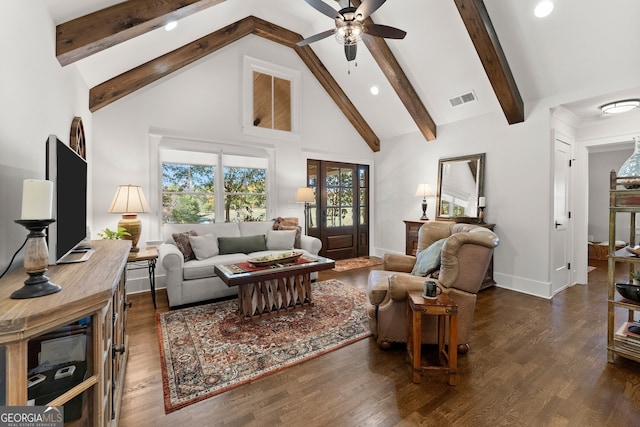 living room featuring french doors, ceiling fan, dark hardwood / wood-style floors, and high vaulted ceiling