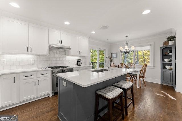 kitchen featuring high end stainless steel range oven, a center island with sink, white cabinets, and sink