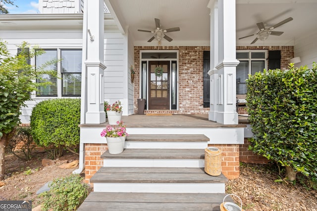189 Bear Cub Way, Bogart, GA 30622 - doorway to property with a ceiling fan, a porch, and brick siding