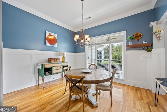 189 Bear Cub Way, Bogart, GA 30622 - dining space with a chandelier, wainscoting, ornamental molding, a decorative wall, and wood finished floors