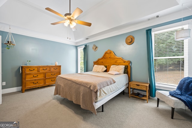 189 Bear Cub Way, Bogart, GA 30622 - bedroom with light colored carpet, crown molding, ceiling fan, and a tray ceiling