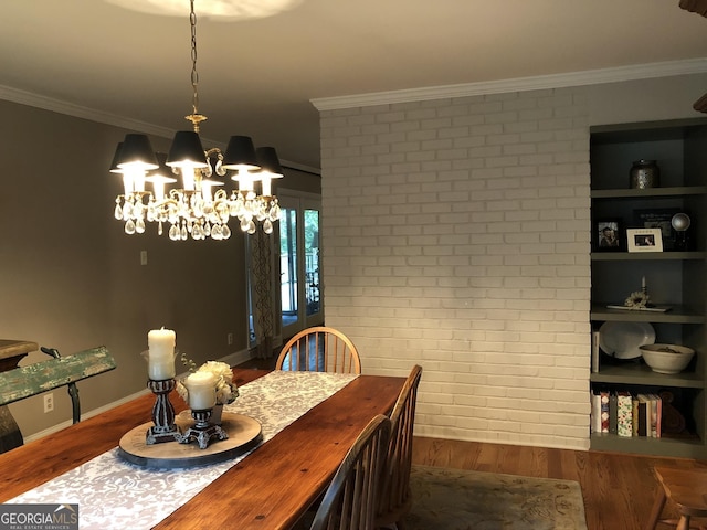 dining area featuring ornamental molding, brick wall, and wood-type flooring