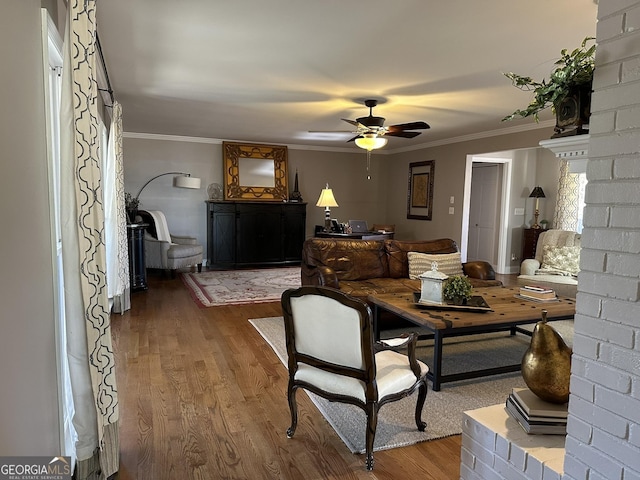 living room featuring hardwood / wood-style floors, ceiling fan, and crown molding