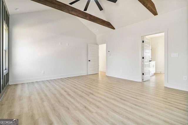 unfurnished living room featuring ceiling fan, light wood-type flooring, beamed ceiling, and high vaulted ceiling