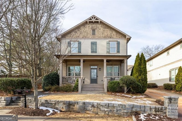 view of front of house with covered porch and a ceiling fan