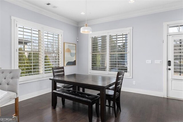 living room with ceiling fan, dark wood-type flooring, and ornamental molding