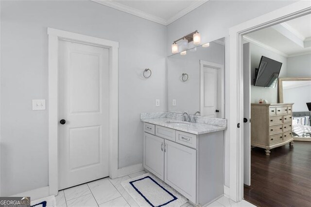 bathroom with plus walk in shower and ornamental molding