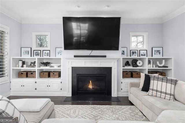 living area featuring ornamental molding, dark wood-style flooring, and a fireplace with flush hearth