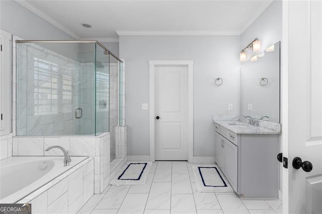 bathroom with a shower stall, a bath, and crown molding