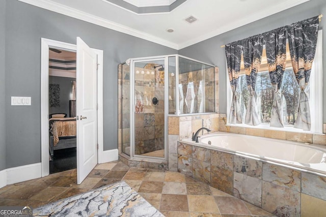 bathroom featuring crown molding and plus walk in shower