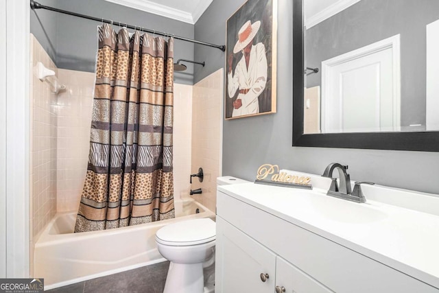 full bathroom with toilet, crown molding, shower / bath combination with curtain, and vanity