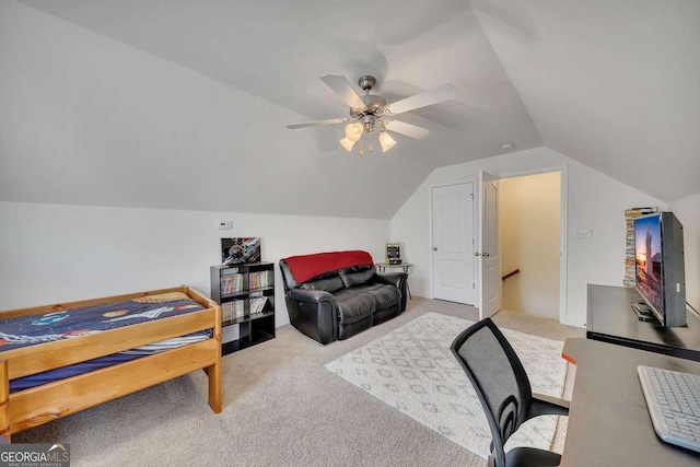 bedroom featuring ceiling fan, lofted ceiling, and carpet flooring