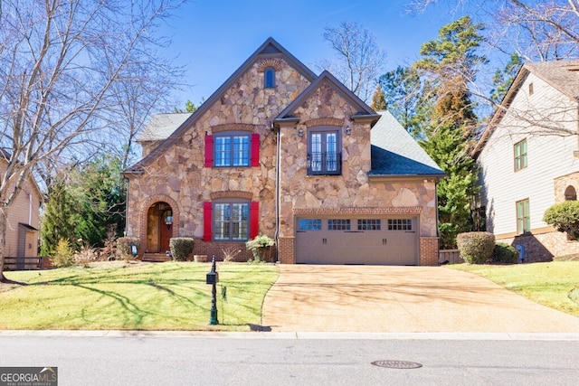 view of front of home with a garage, concrete driveway, a front lawn, and stone siding