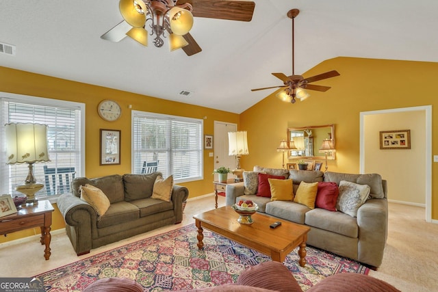 carpeted living room featuring lofted ceiling