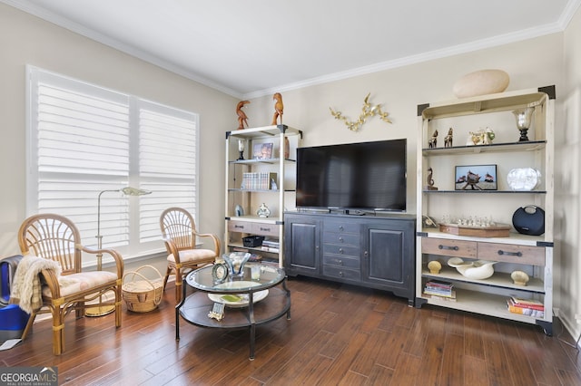 living room with ornamental molding and dark wood-type flooring