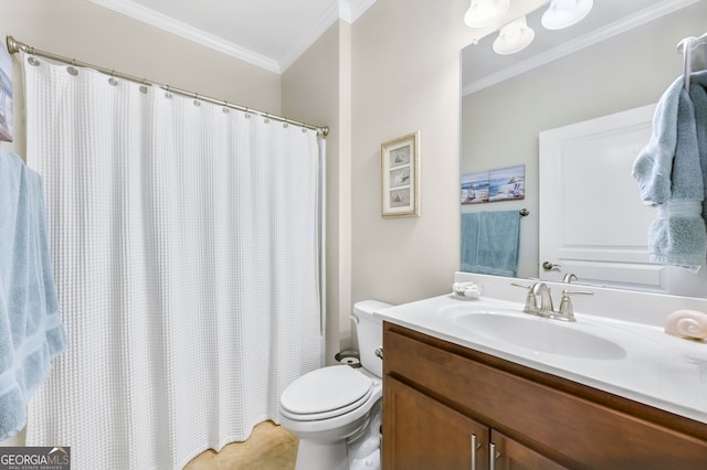 bathroom with ornamental molding, curtained shower, vanity, and toilet