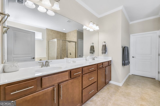 bathroom with double vanity, visible vents, ornamental molding, a stall shower, and a sink