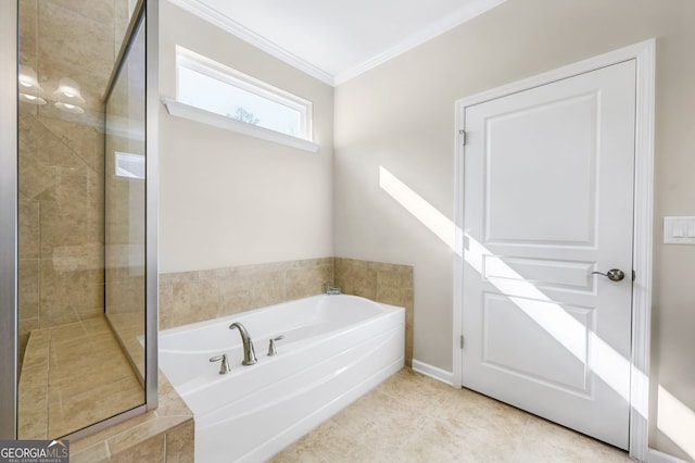 full bath with baseboards, tiled shower, ornamental molding, tile patterned flooring, and a bath