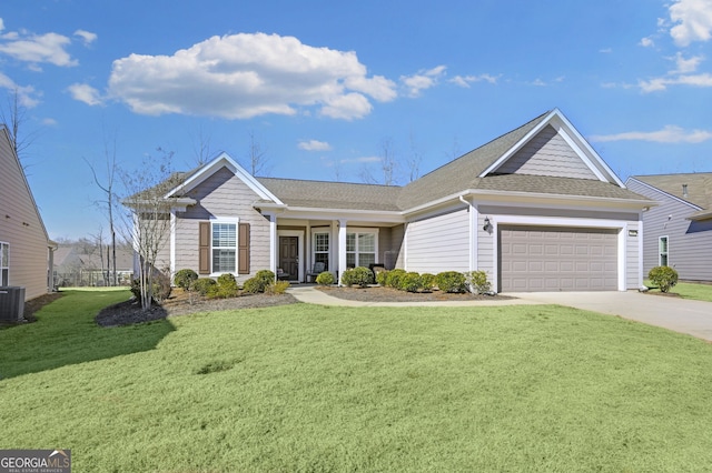 ranch-style home featuring a shingled roof, central AC unit, concrete driveway, an attached garage, and a front lawn