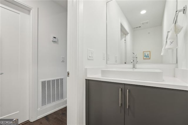 bathroom with wood-type flooring and vanity