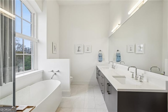 bathroom featuring toilet, vanity, and a bathtub