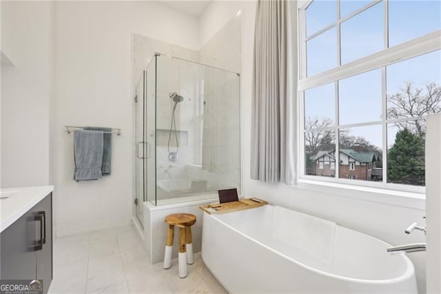 bathroom with separate shower and tub and vanity