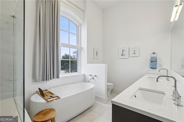 bathroom with a wealth of natural light, toilet, a bath, and vanity