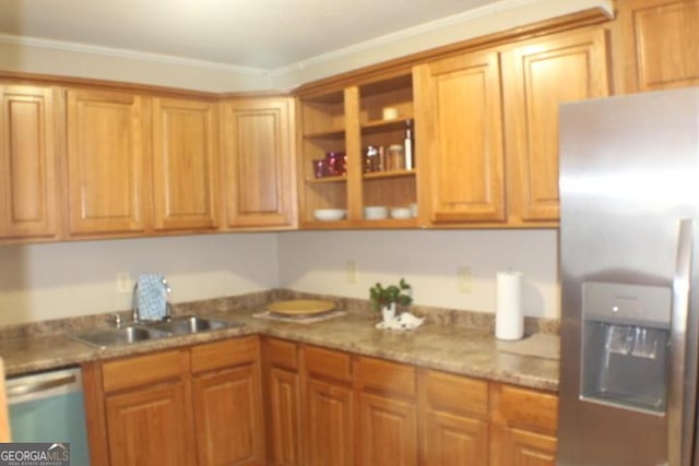 kitchen featuring light stone countertops, crown molding, sink, and stainless steel appliances