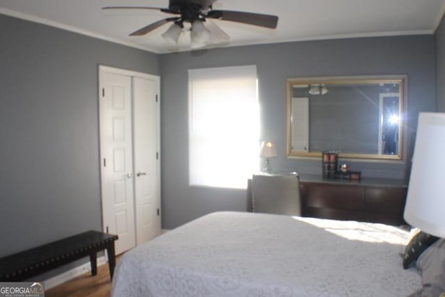 bedroom with ceiling fan, hardwood / wood-style flooring, a closet, and crown molding