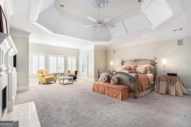 carpeted bedroom featuring crown molding and ceiling fan