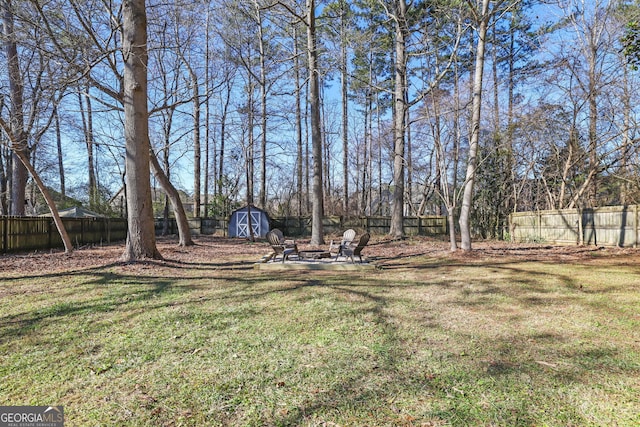 view of yard featuring an outdoor fire pit and a storage shed