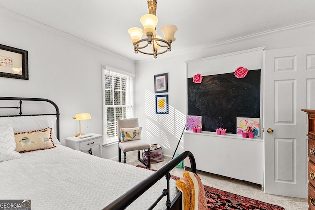 carpeted bedroom featuring an inviting chandelier and ornamental molding