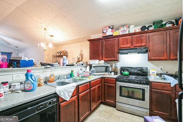 kitchen with a textured ceiling, lofted ceiling, stainless steel appliances, an inviting chandelier, and sink