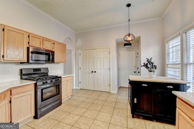 kitchen with light tile patterned floors, appliances with stainless steel finishes, decorative light fixtures, light brown cabinetry, and ornamental molding