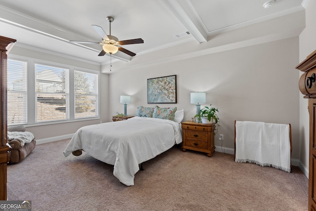 bedroom with light carpet, baseboards, visible vents, and ornamental molding