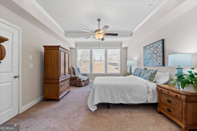 bedroom with visible vents, baseboards, a ceiling fan, light colored carpet, and crown molding