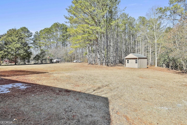 view of yard featuring a storage unit