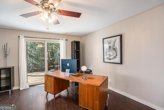 home office featuring ceiling fan and dark hardwood / wood-style flooring