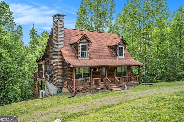 905 Hancock Mountain Trl, Waleska, GA 30183 - chalet / cabin featuring a chimney and covered porch