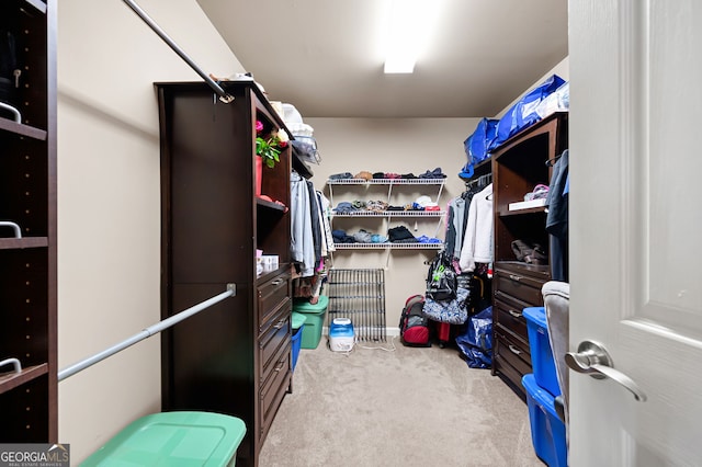 walk in closet featuring light carpet