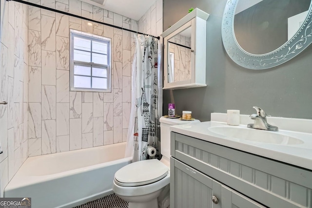 full bathroom with toilet, vanity, and shower / bathtub combination with curtain